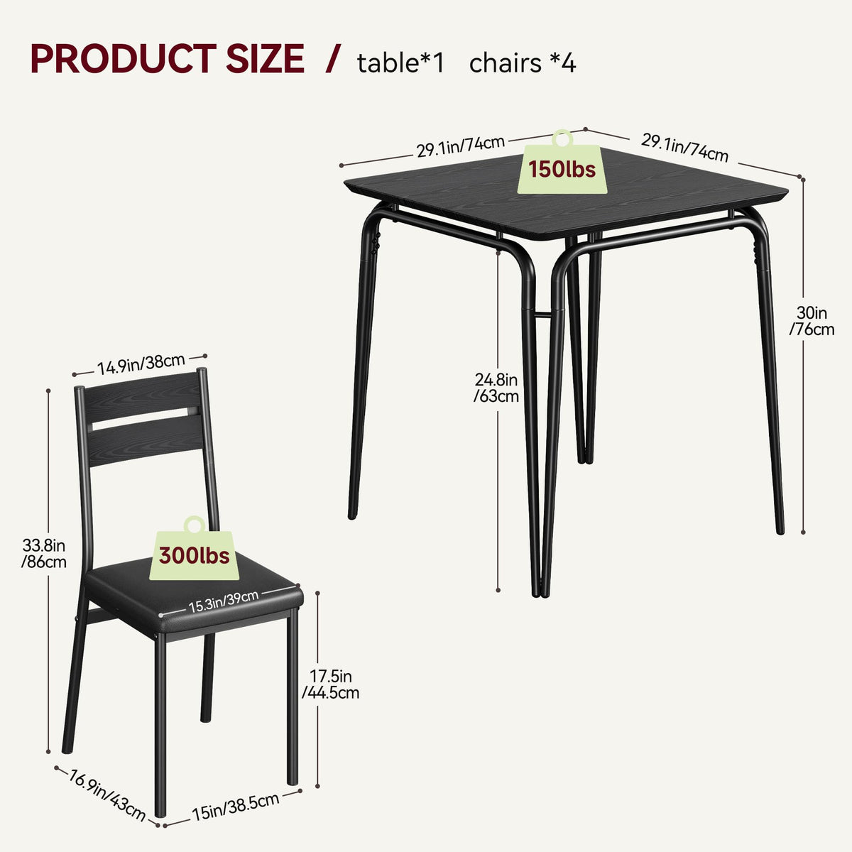Garvee Ensemble table à manger noire 2 personnes, table carrée avec 2 chaises, bois moderne, gain de place pour cuisine, studio, coin repas et petit espace