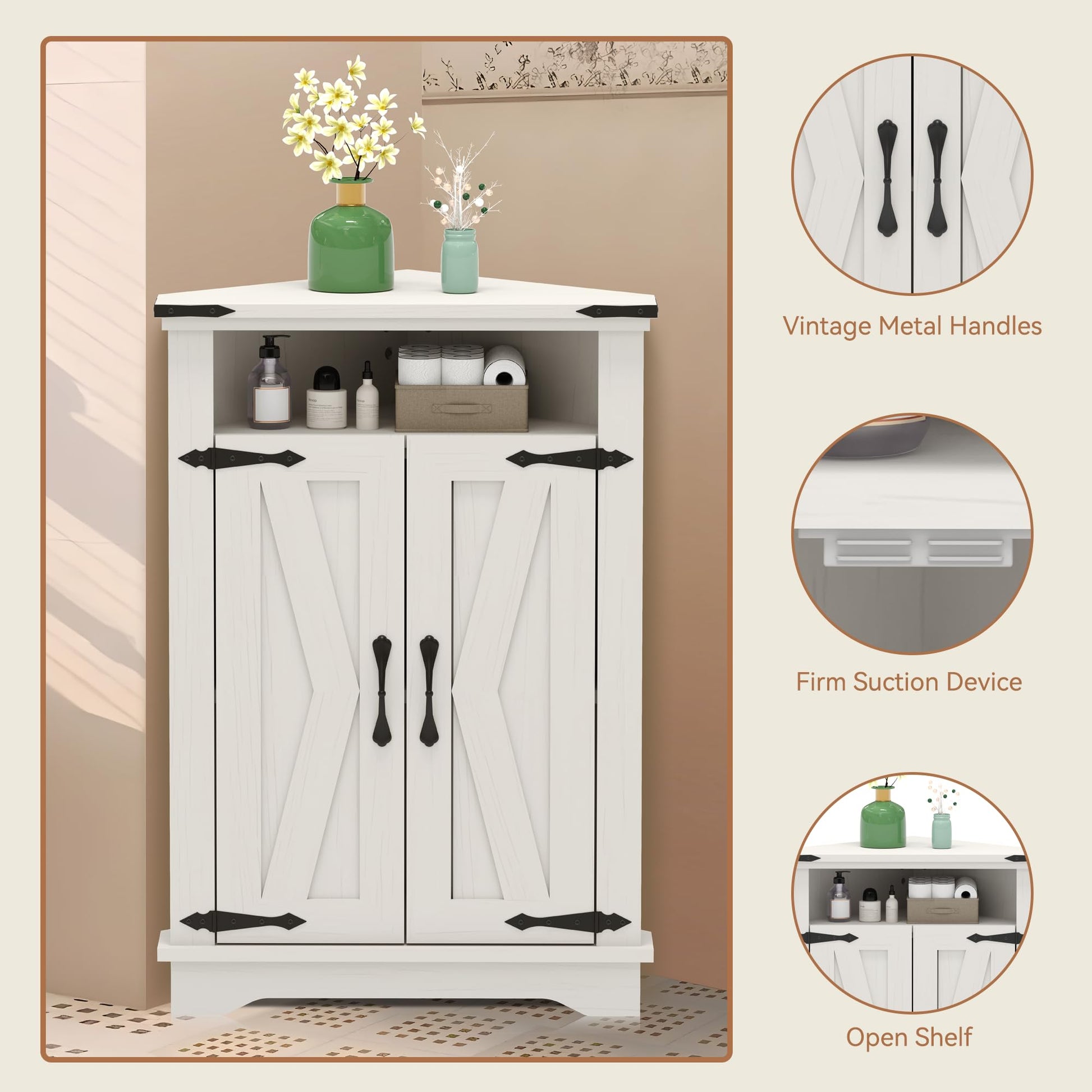 Meuble de salle de bain d'angle Garvee avec portes coulissantes de style grange, étagères réglables, bois MDF, blanc, pour petits espaces, robuste et polyvalent