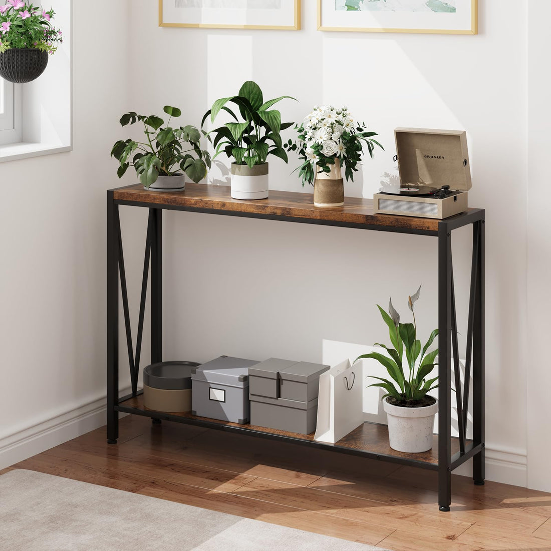 Garvee Console d’entrée étroite 110 x 25 x 76 cm, bois et métal, 2 niveaux avec rangement, style vintage, idéale entrée, salon et couloir.