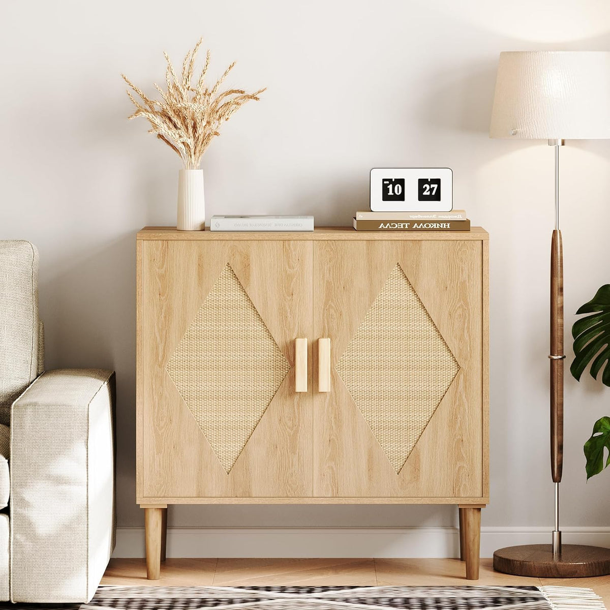 Buffet Garvee avec rangement, décor en rotin, 2 portes, meuble de rangement en bois naturel, salon, salle à manger, naturel