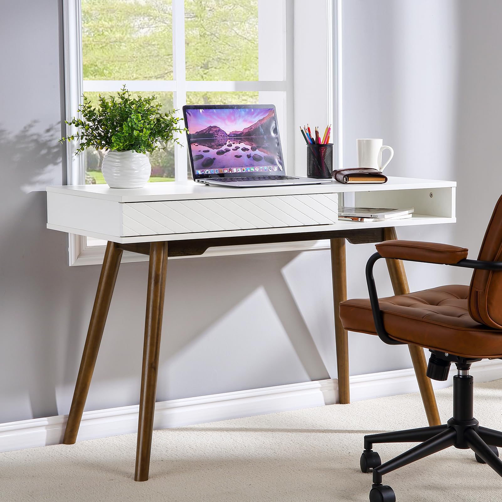 Bureau moderne blanc Garvee avec tiroirs pour bureau et chambre à coucher, 108 x 50 x 75 cm, bois