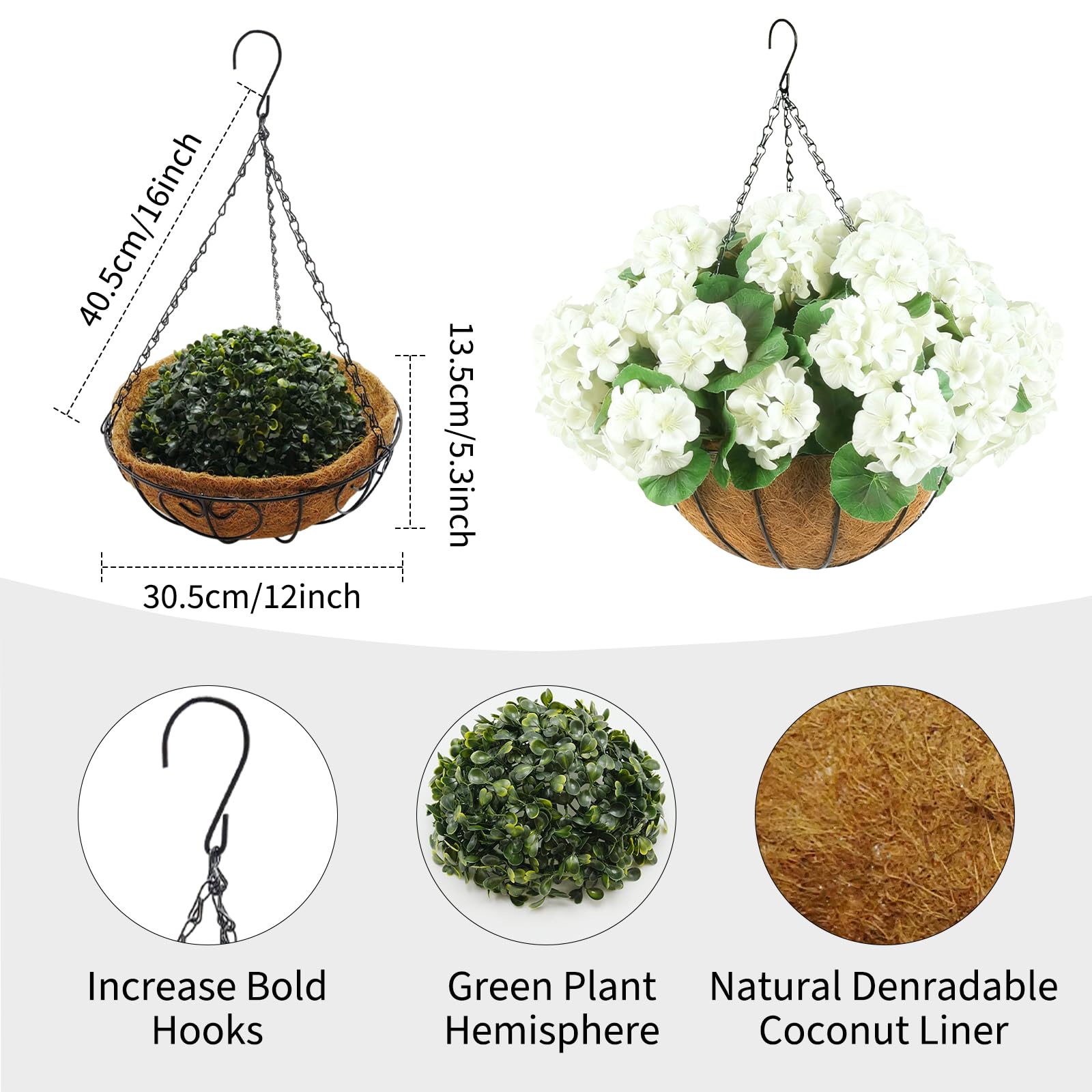 Garvee, lot de 2 paniers suspendus de géraniums artificiels blancs résistants aux intempéries pour jardin, terrasse et Noël