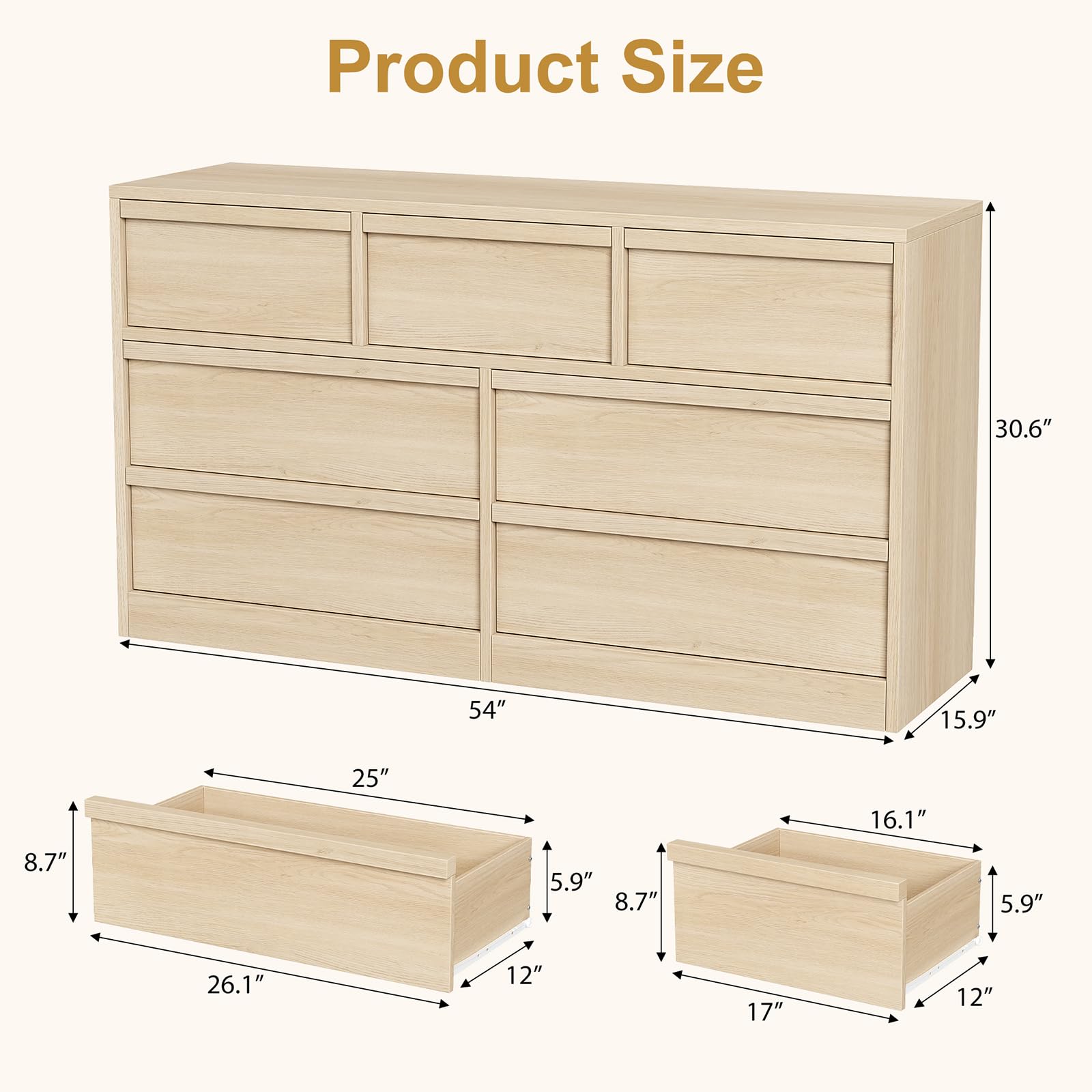 Garvee commode à 7 tiroirs, en chêne, grande capacité de rangement, anti-basculement, idéale pour la chambre et le salon, 137 × 40 × 78 cm, bois naturel