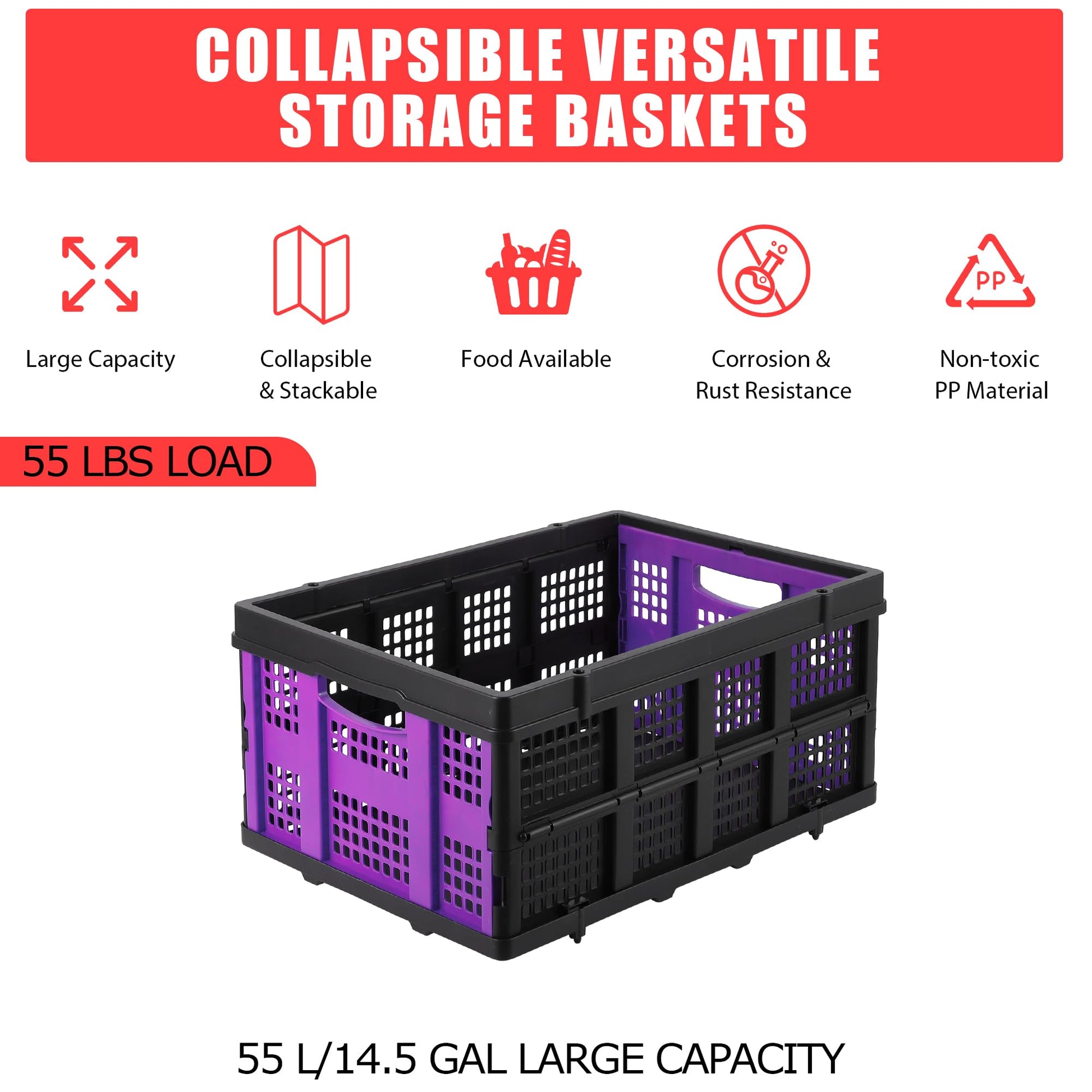 Boîte à lait pliable Garvee 55L en plastique avec poignées, empilable, robuste, pliable pour le rangement et le transport, polyvalente et peu encombrante.