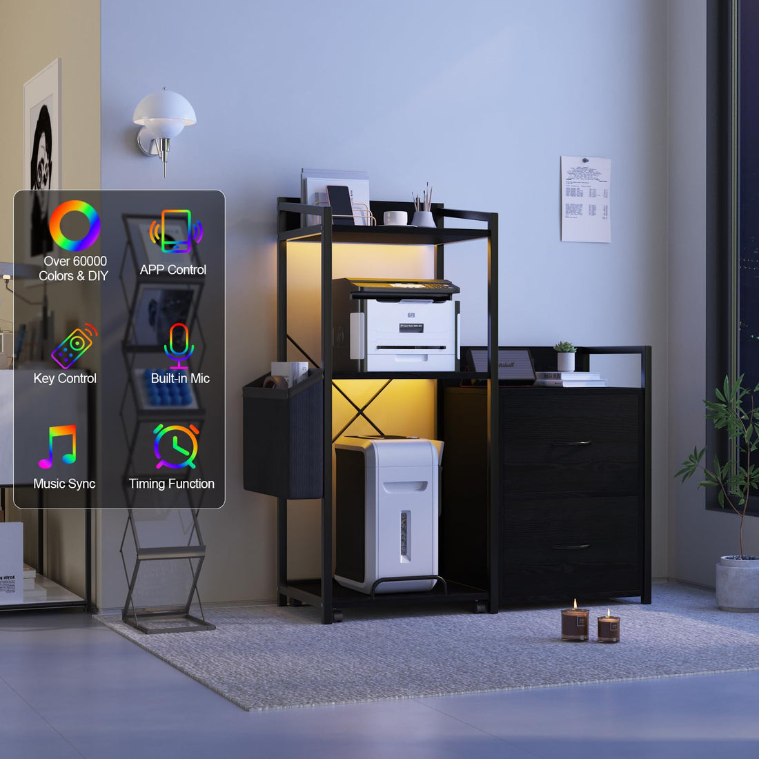 Garvee Classeur avec bandes LED, meuble de bureau à 2 tiroirs et étagère, table pour imprimante pour bureau et maison, grand format, noir
