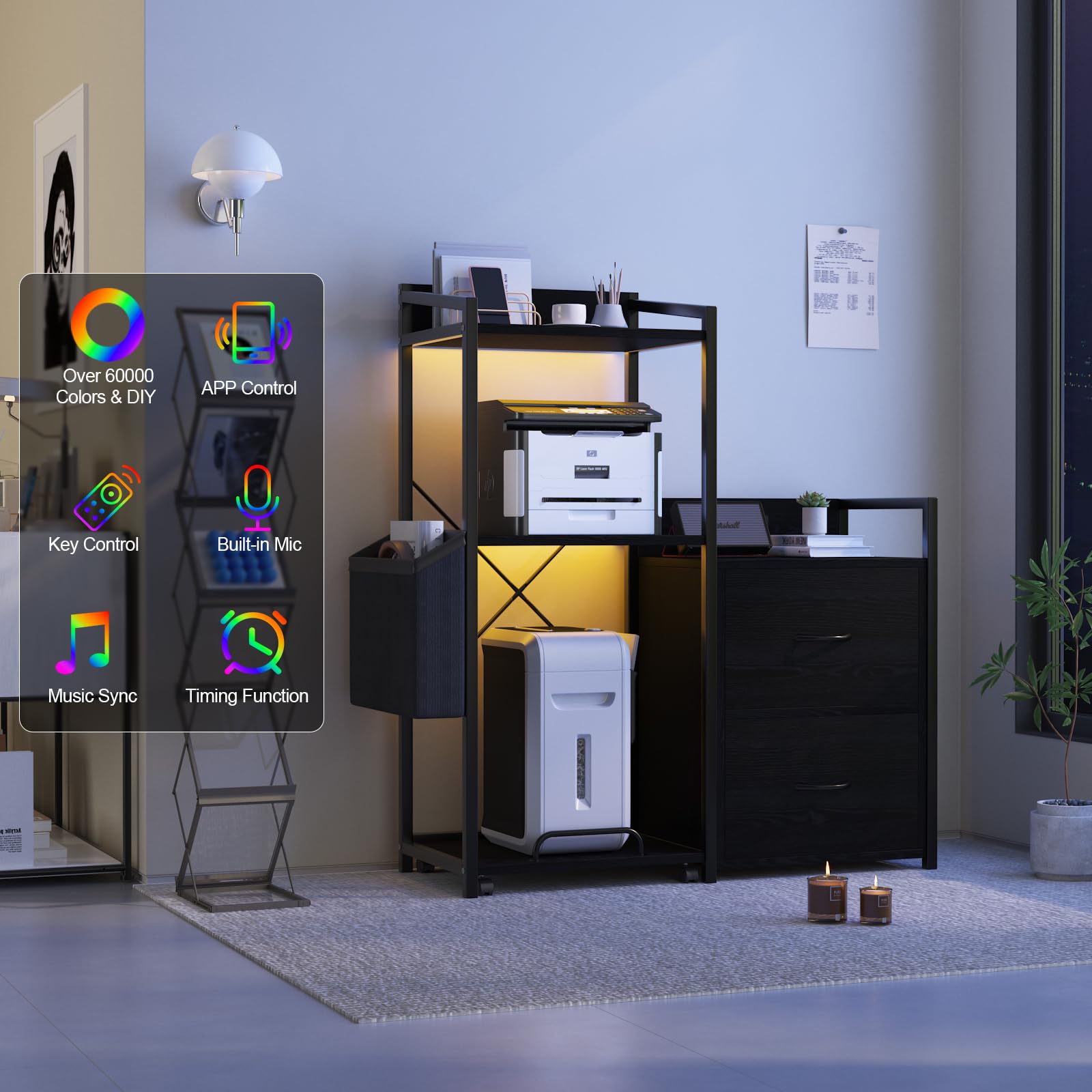 Classeur Garvee avec bandes LED, meuble de bureau à 2 tiroirs et étagère, table pour imprimante pour bureau et maison, grand format, noir