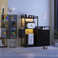Classeur Garvee avec bandes LED, meuble de bureau à 2 tiroirs et étagère, table pour imprimante pour bureau et maison, grand format, noir
