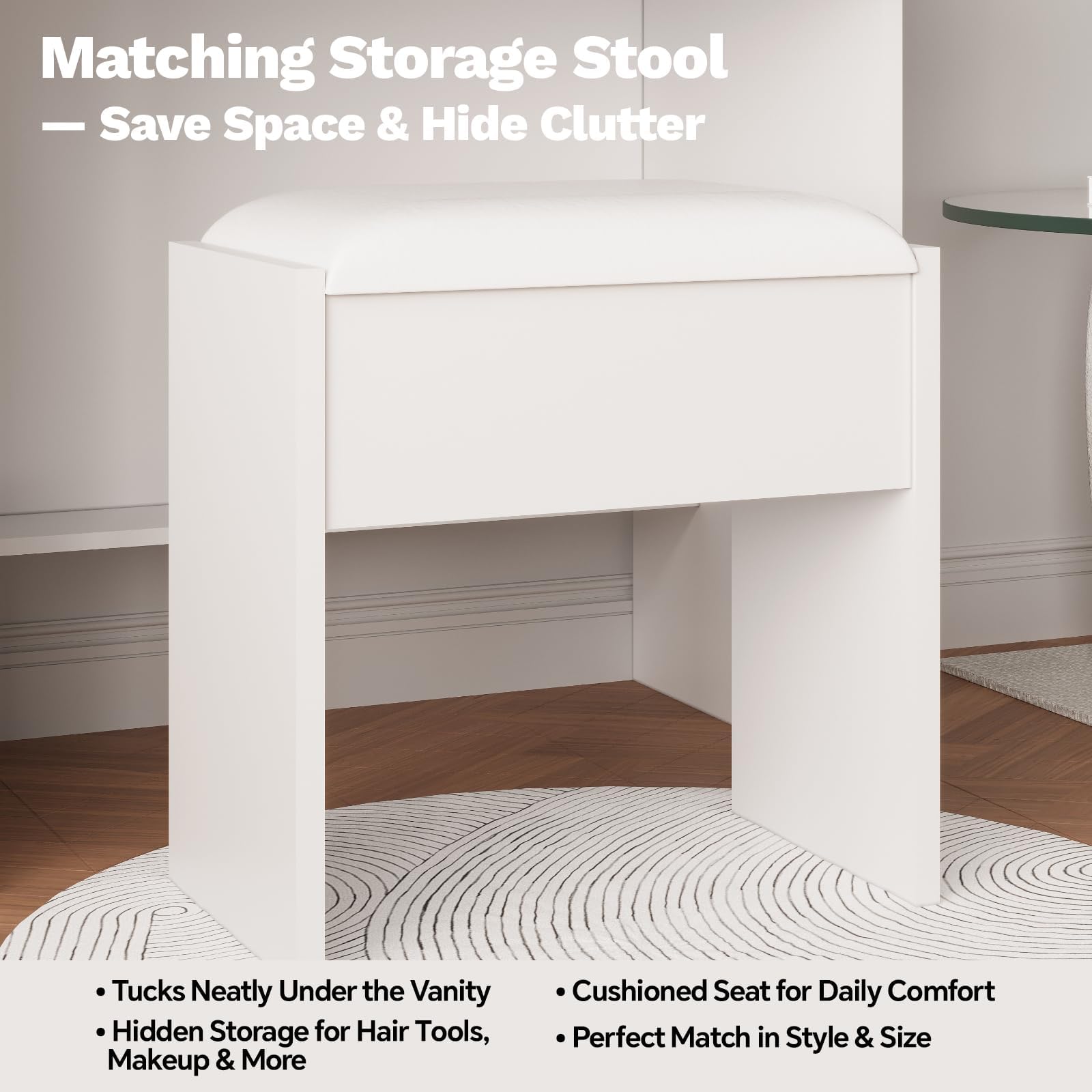 GARVEE Coiffeuse avec miroir LED et tabouret rembourré, 3 modes d’éclairage, charge intégrée et grands rangements, idéale pour chambre, blanc
