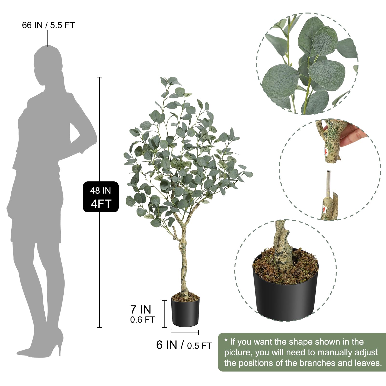 Eucalyptus artificiel Garvee de 120 cm avec branches ajustables et pot en PP sécurisé pour la décoration intérieure/extérieure (vert)
