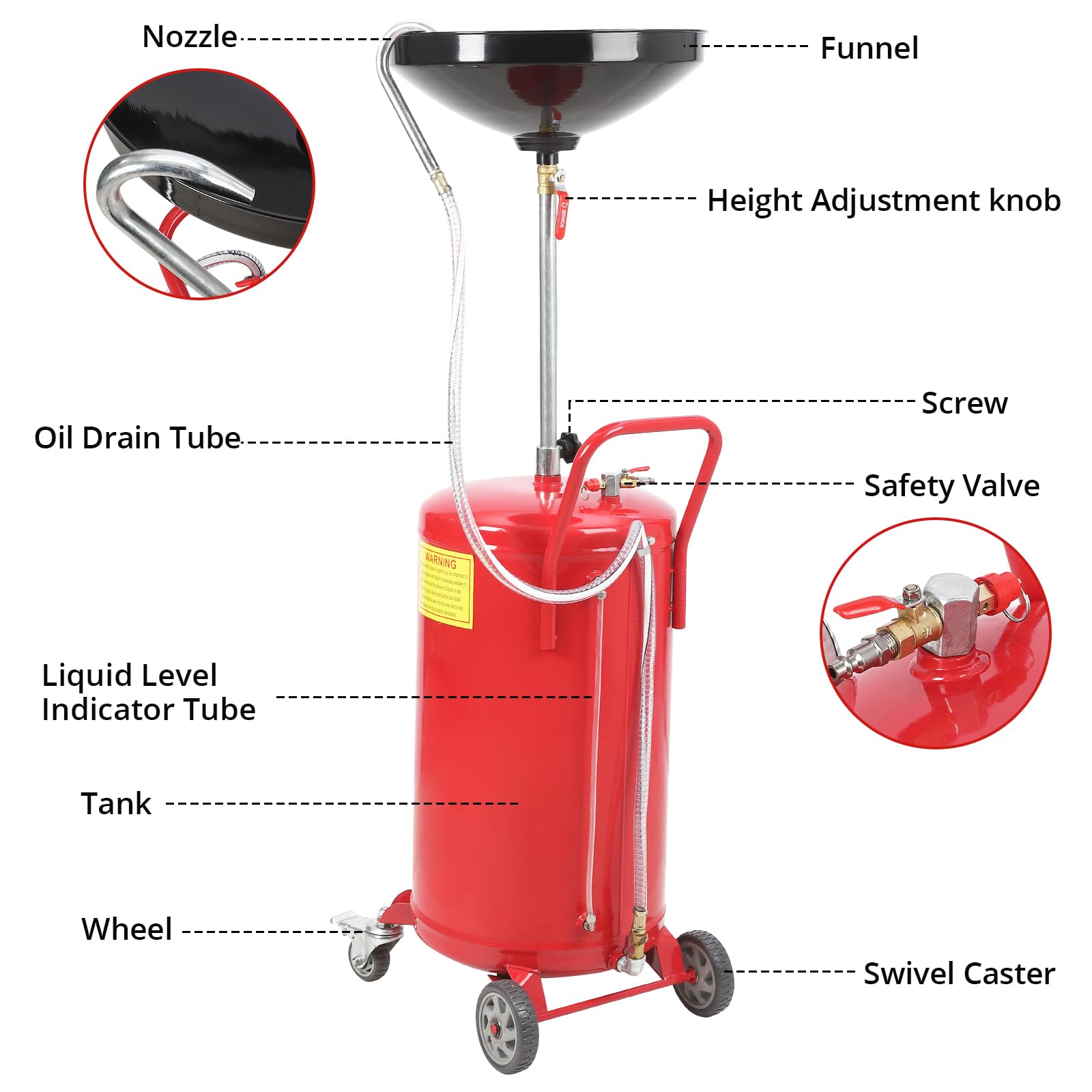 Bac de vidange d'huile Garvee de 75 litres (20 gallons) avec réglage en hauteur, pneumatique, robuste et équipé de roues pour atelier et garage.