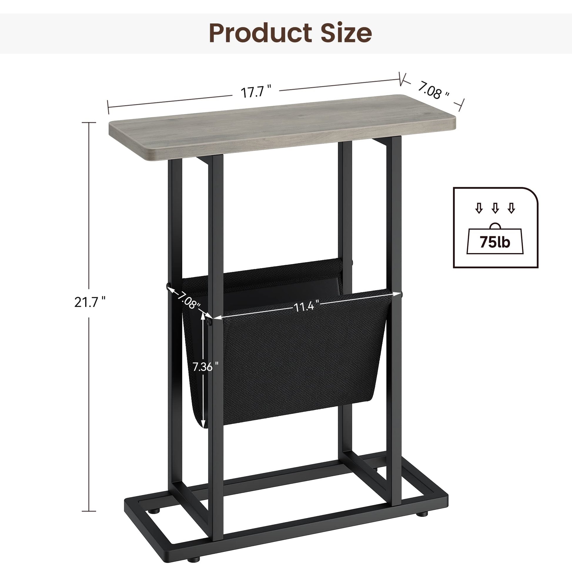 Table d'appoint étroite Garvee pour petits espaces avec rangement, salon, bureau, 45 cm L x 18 cm l x 55 cm H, grise