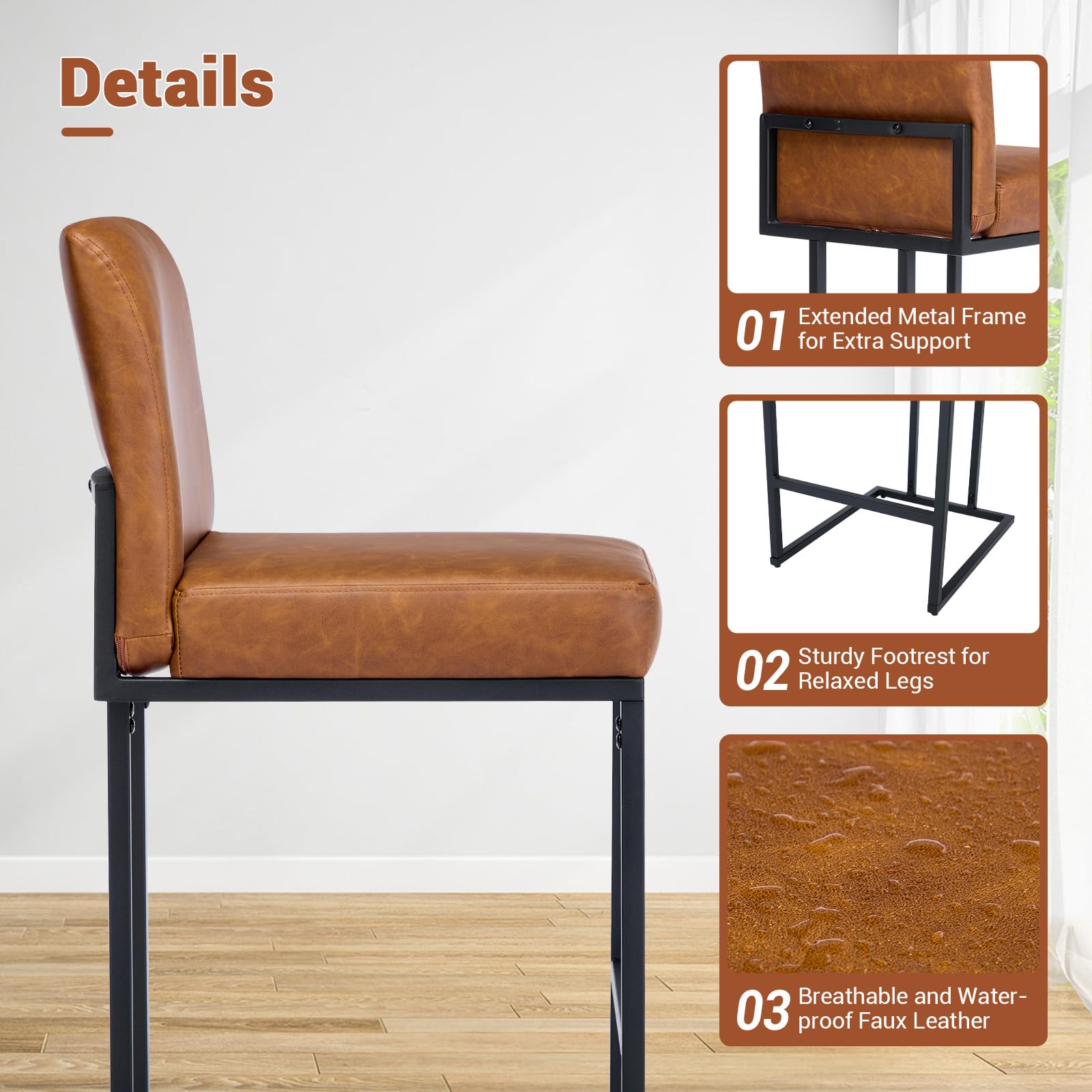 Ensemble de 2 tabourets de bar Garvee 61 cm (24 po), revêtement en cuir PU, ergonomiques et stables, structure en métal avec repose-pieds, style moderne, marron, pour îlot de cuisine et bar