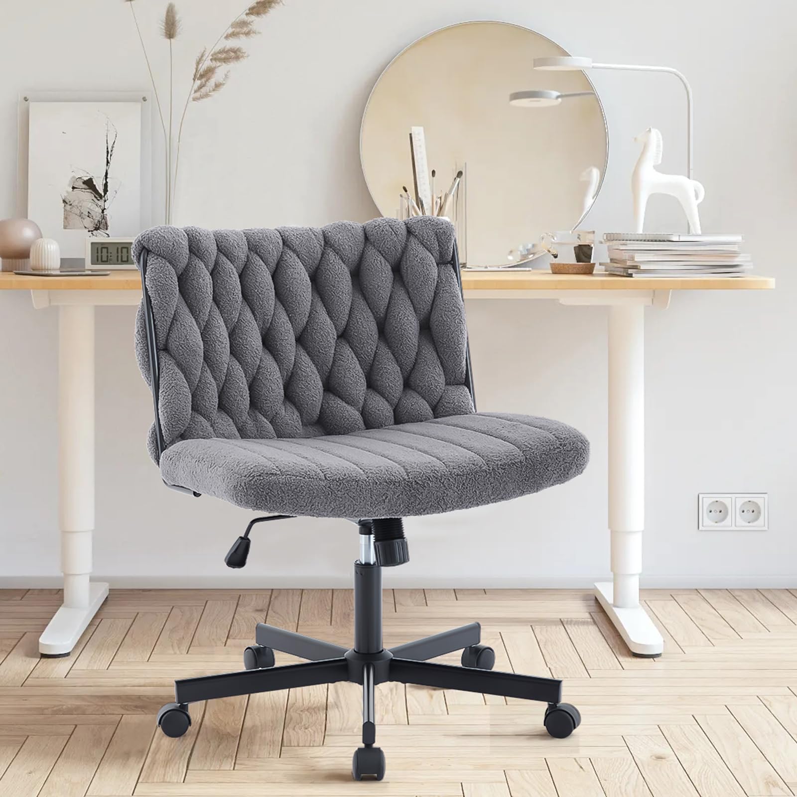 Garvee chaise de bureau criss cross à roulettes, assise large, pivotante à 360°, structure en métal, sans accoudoirs, design moderne pour bureau à domicile et coiffeuse, 66 cm, noire