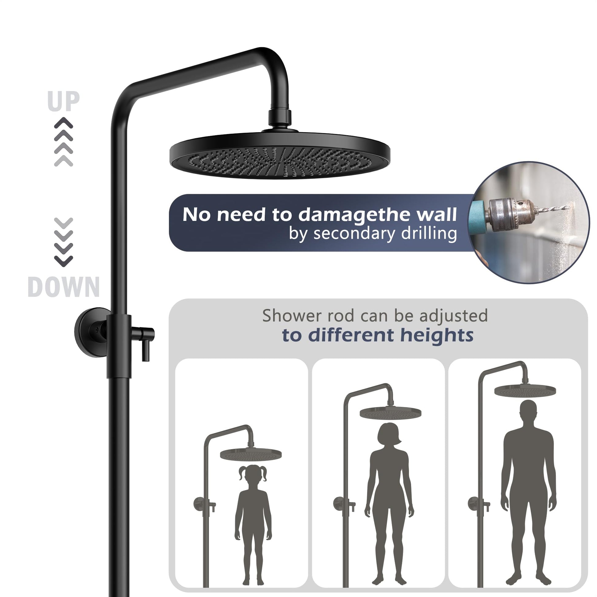 Garvee Colonne de douche réglable 3 sections en acier inoxydable 201, pommeau 24,5 cm, douchette 3 jets, design concave en TPR, noir, salle de bain moderne
