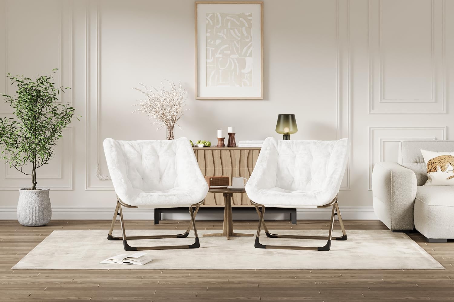 Garvee Fauteuil saucer pliable adulte avec coussin en fausse fourrure, dossier haut, structure en acier, compact et confortable pour appartement et chambre universitaire