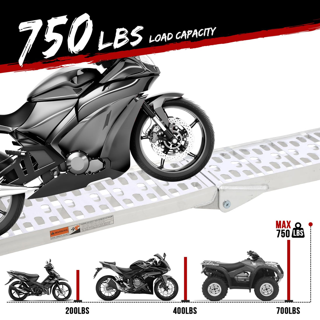 Rampe de chargement Garvee pour moto, 340 kg (750 lb), pliable en aluminium, antidérapante, avec sangles de sécurité, pour pick-up, remorque, quad, moto, jardinage, 226 x 28 cm (89 x 11 pouces), argent