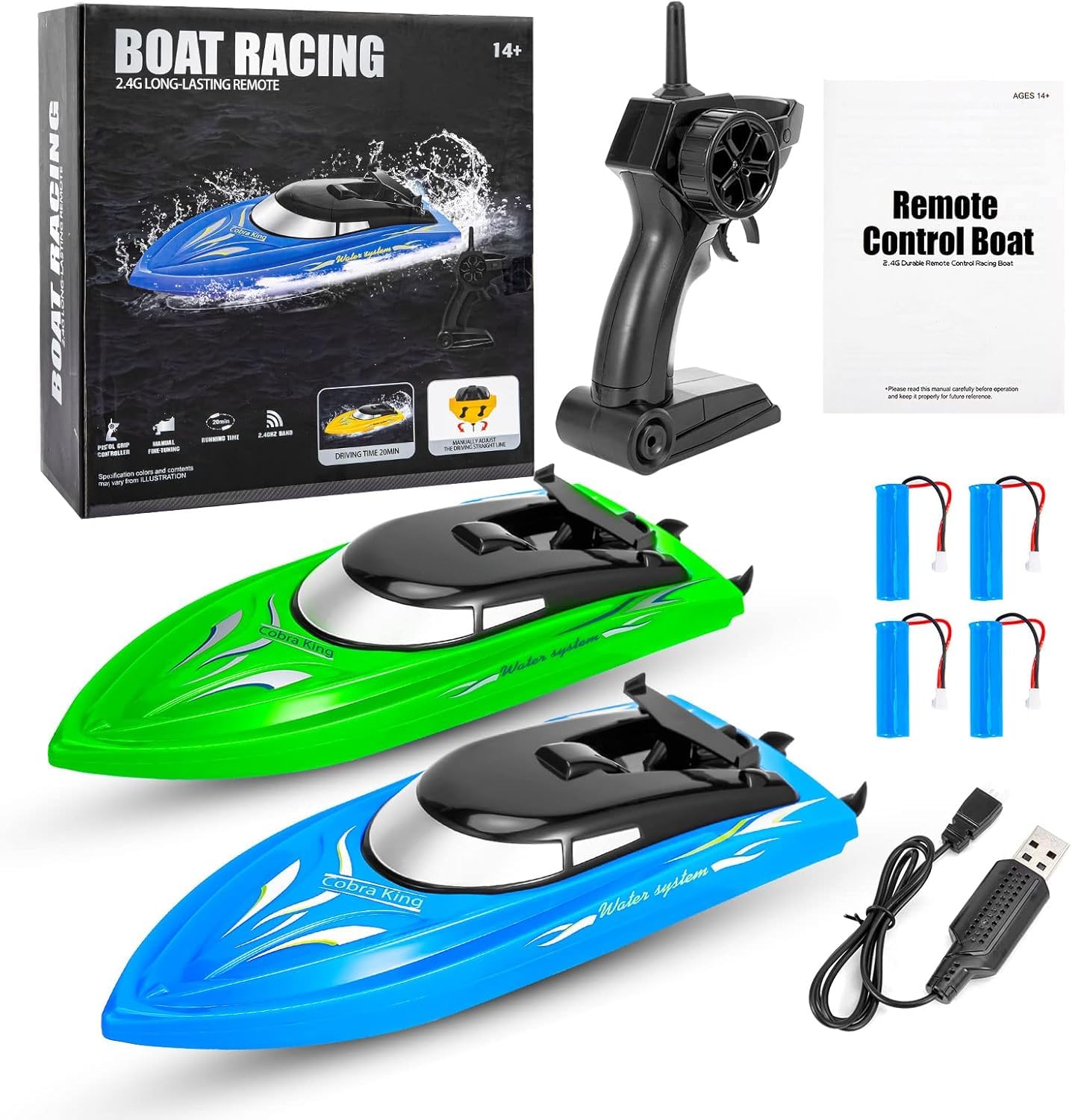 Bateau radiocommandé Garvee (lot de 2) - Vitesse élevée (10 km/h), télécommande 2,4 GHz, plastique ABS, idéal pour piscines et lacs, 4 batteries incluses, chargement USB.