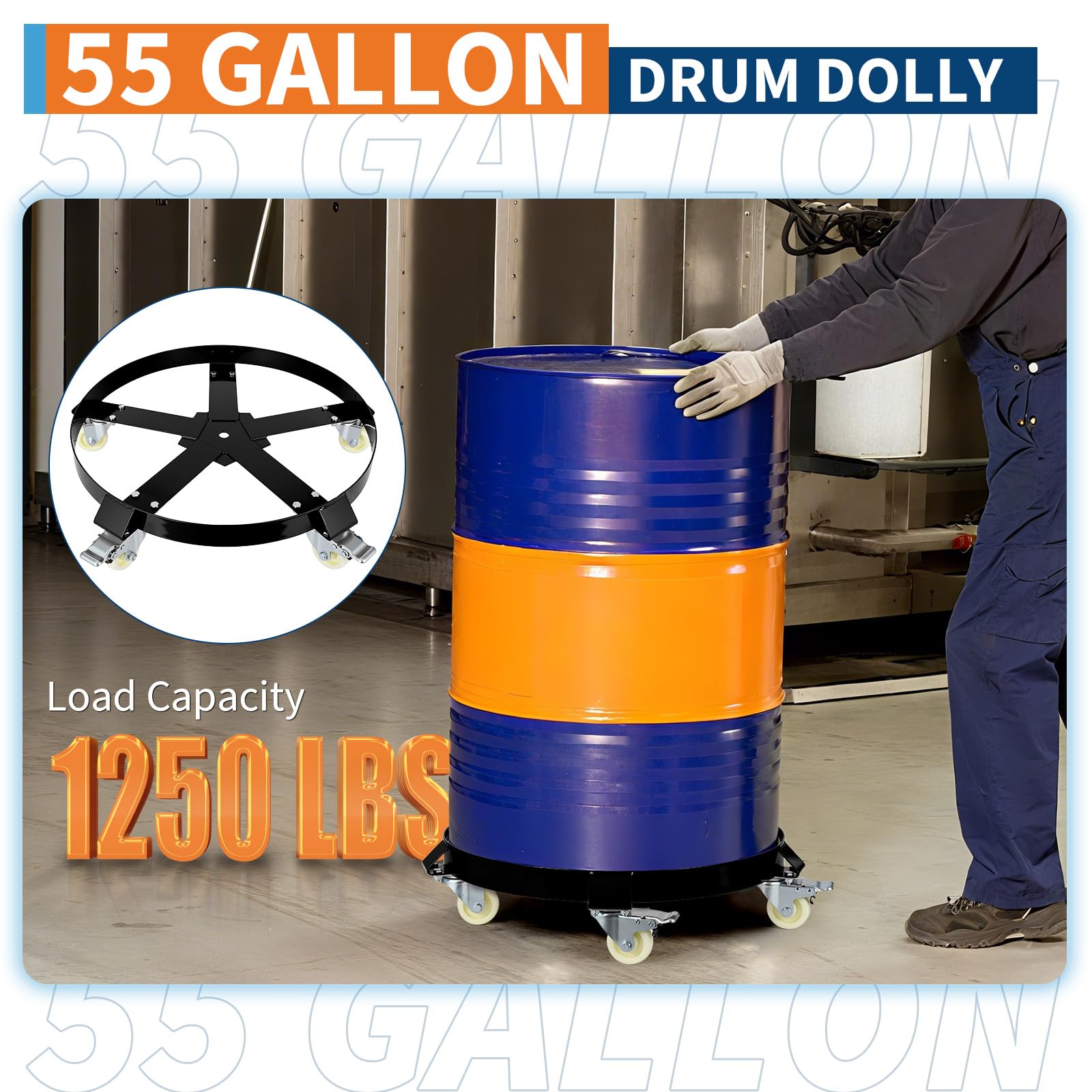 Chariot porte-fûts Garvee de 55 gallons – Châssis en acier galvanisé, système anti-basculement, freins et roues pivotantes, capacité de 567 kg