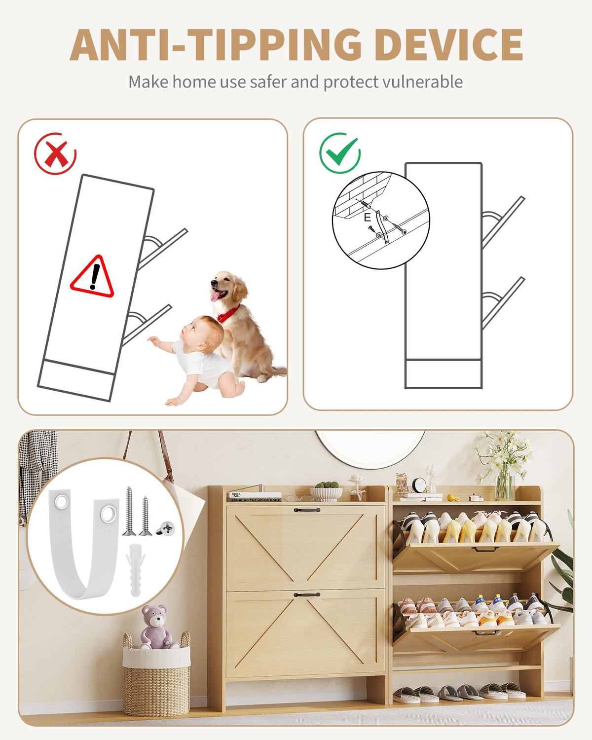 Rangement à chaussures Garvee avec 2 tiroirs pliables, marron rustique, pour entrée et couloir, durable, gain de place, en bois
