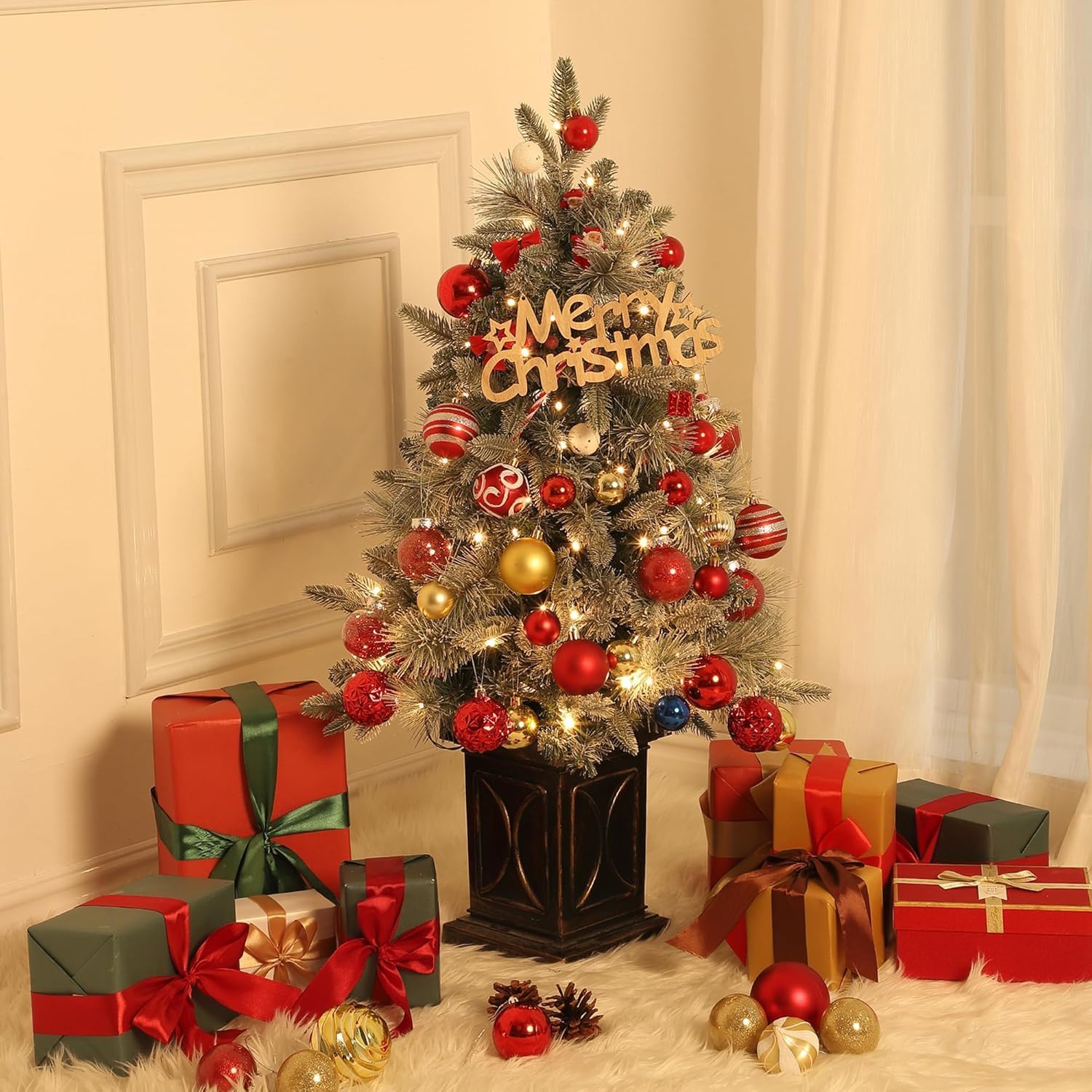 Sapin de Noël artificiel Garvee, 1 pièce – 90 cm, 78 LED (blanc chaud), 8 modes d'éclairage, base semi-circulaire, fibre optique, effet givré