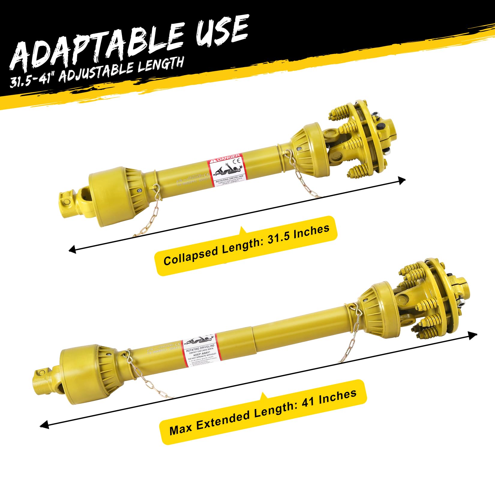 Arbre de transmission de prise de force Garvee 1-3/8 po avec embrayage à friction, 6 extrémités cannelées, réglable de 31,5 à 41 po, en acier, avec protection pour tracteur et tondeuse