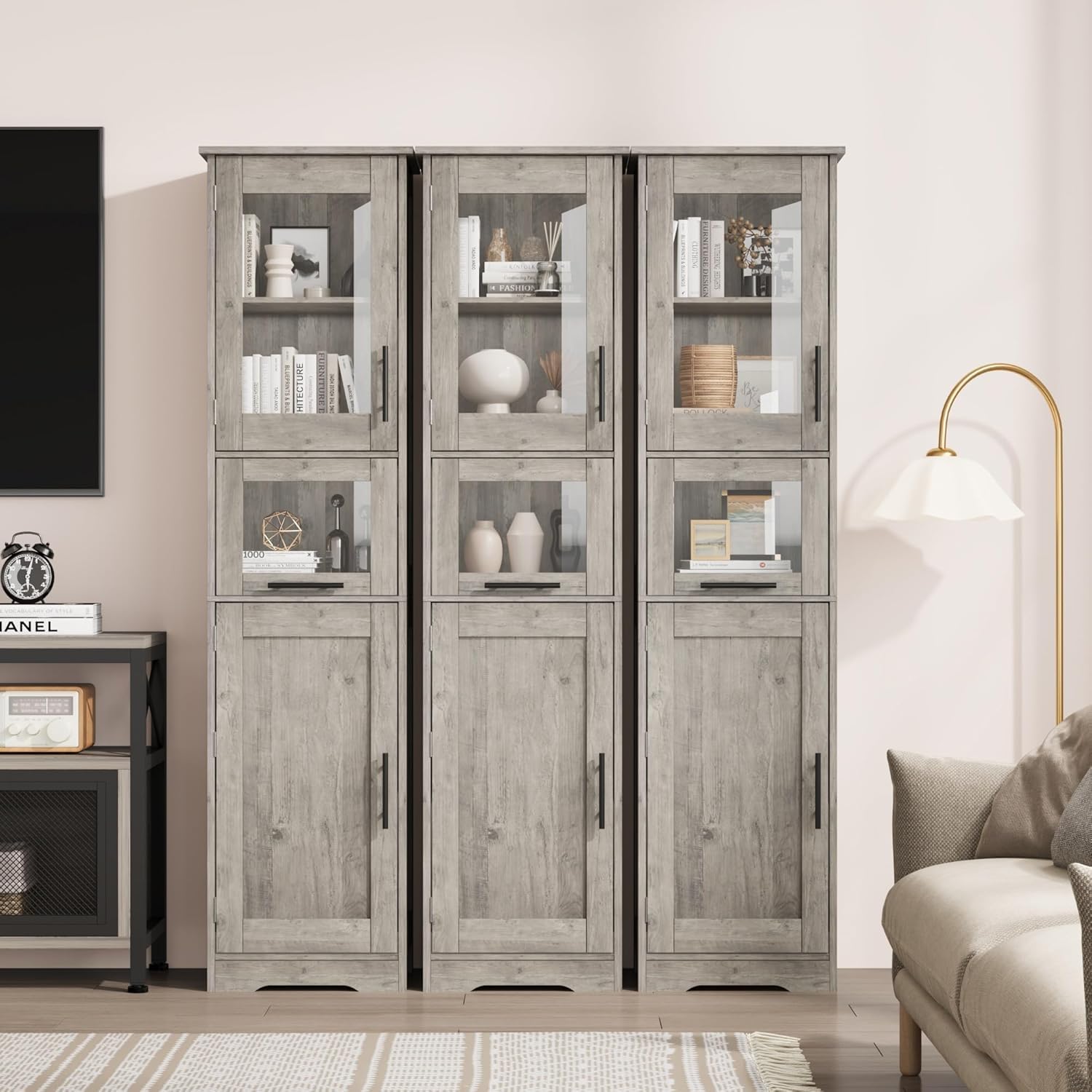 Meuble de salle de bain haut et étroit Garvee avec étagère réglable pour petits espaces, 170 cm, MDF, design moderne, portes vitrées, blanc