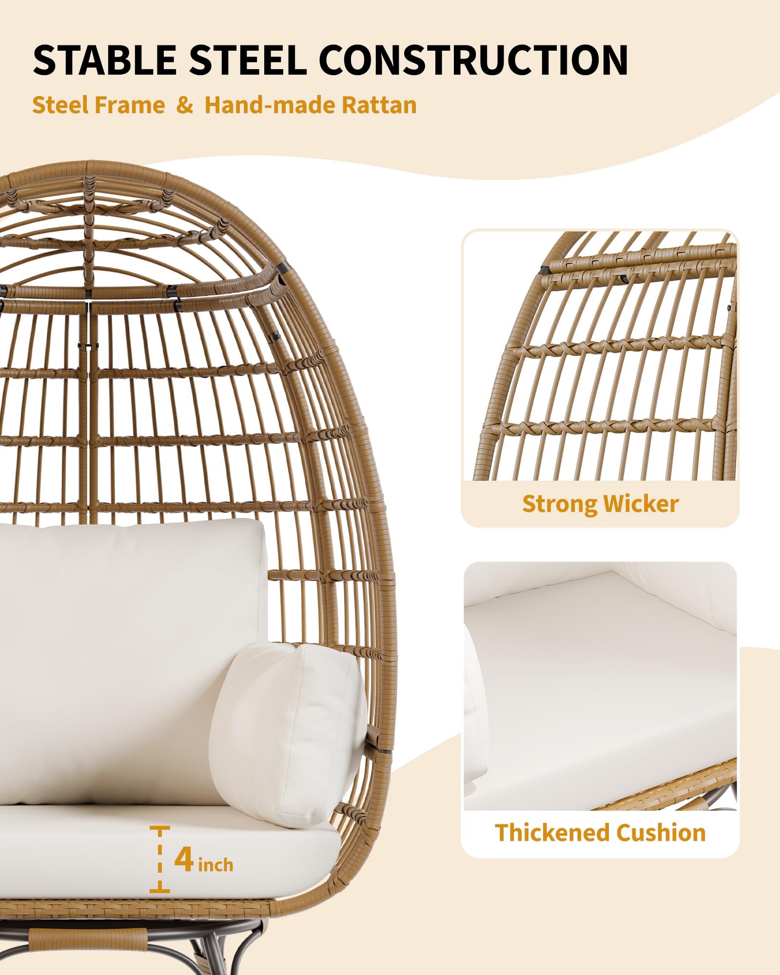 Garvee Fauteuil Œuf Pivotant 360° XL, Structure Acier et Base Métal, Rotin PE Résistant à l’Eau, Coussins Réglables, Intérieur/Extérieur, 96 × 76 × 145 cm, Naturel
