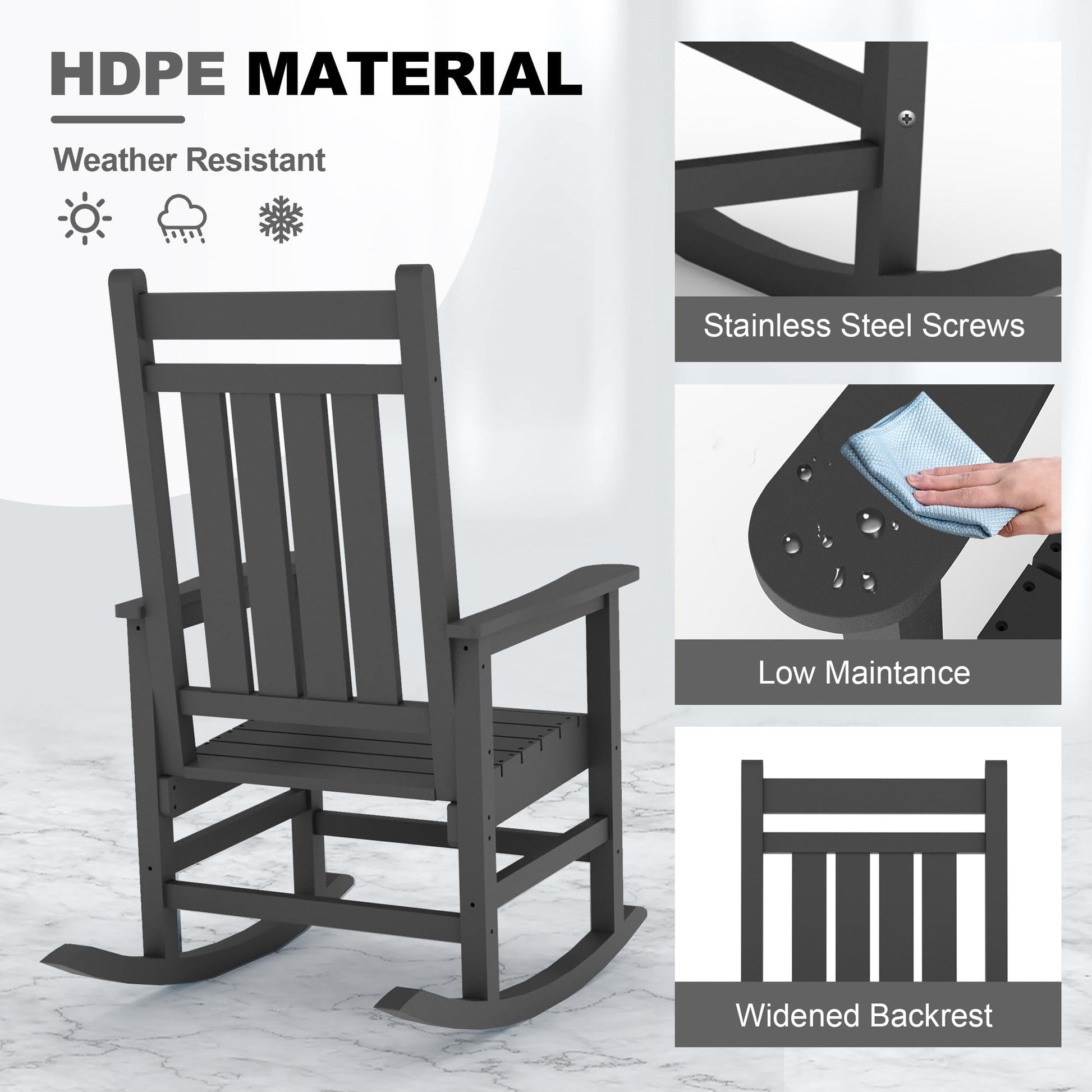 Garvee Fauteuil à bascule d’extérieur en HDPE gris, résistant aux intempéries, assise ergonomique 51 cm, capacité 158 kg