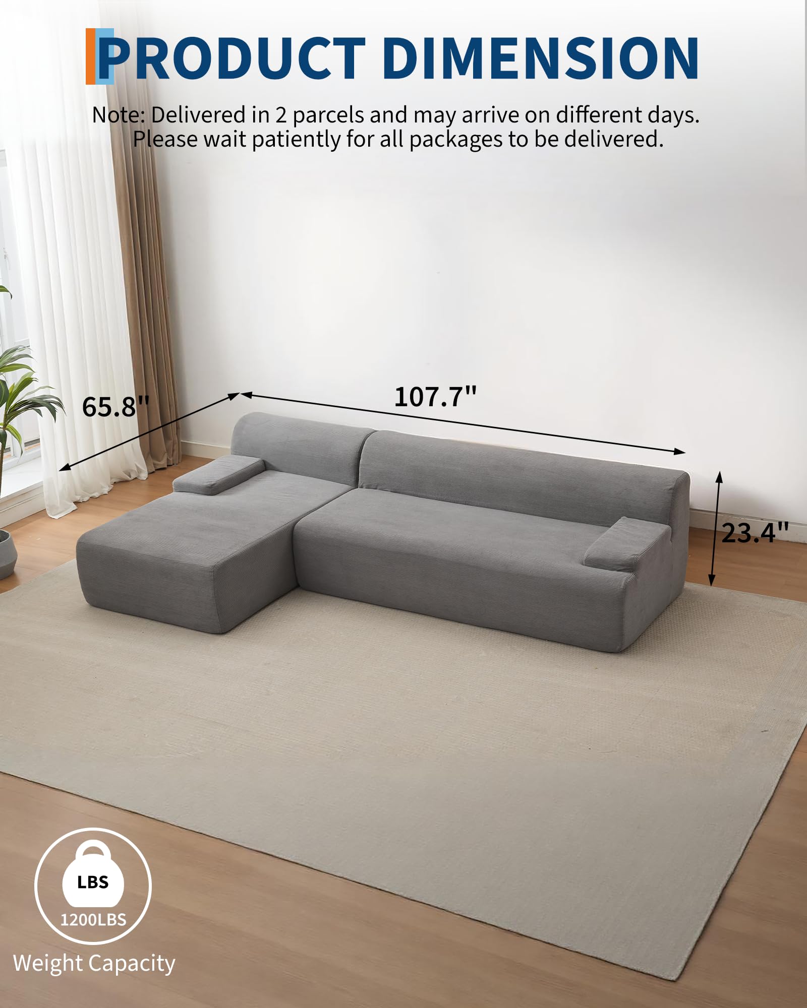 Canapé d'angle Garvee Cloud 108" avec méridienne, canapé ultra-doux sans ossature, tissu velours côtelé, forme en L, super moelleux, salon