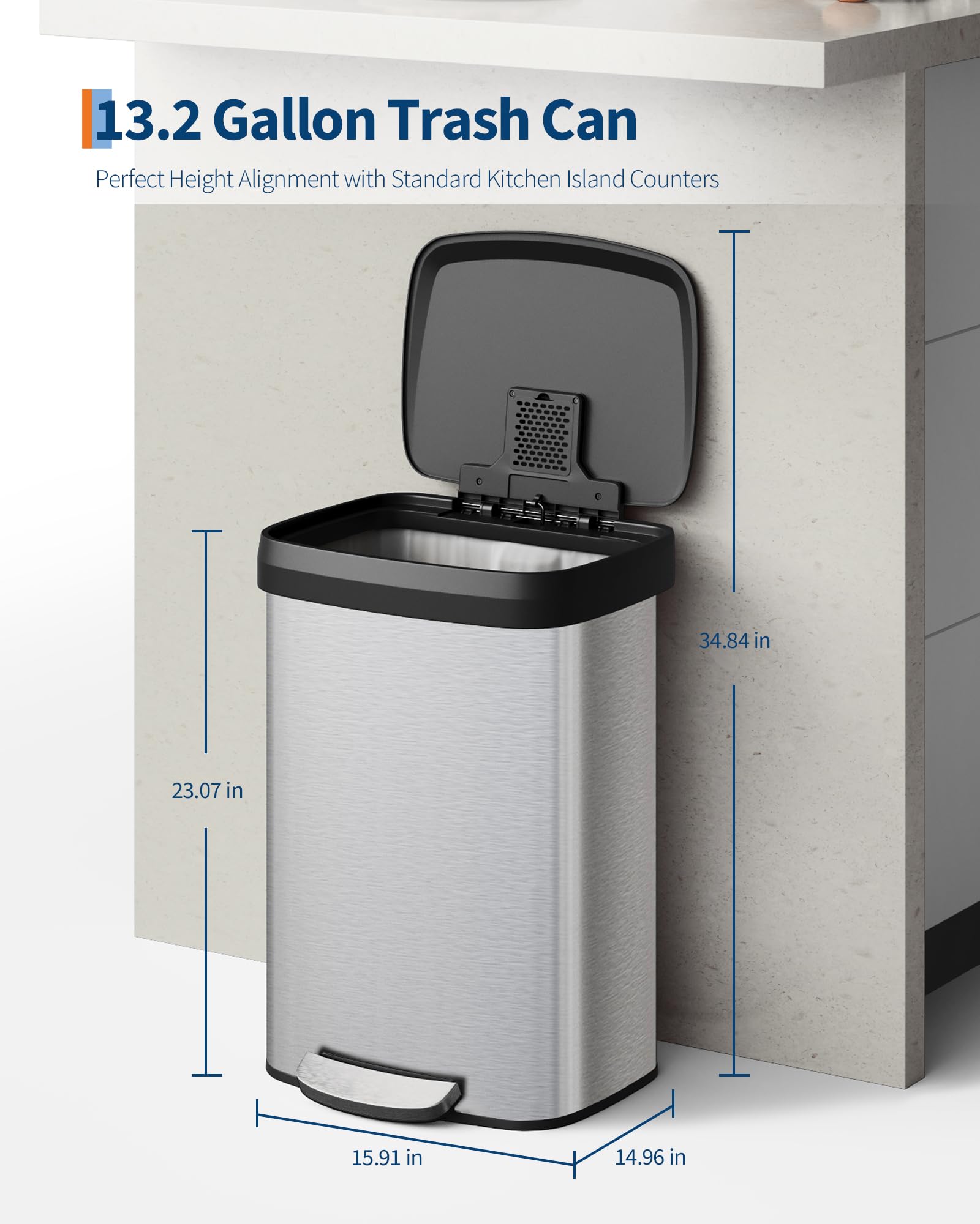 Poubelle Garvee 13 gallons en acier inoxydable avec couvercle, fermeture amortie, poignée ergonomique, argentée, pour îlot de cuisine, grande taille, antirouille