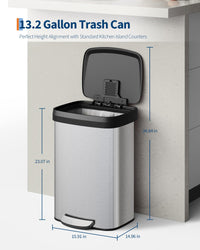 Poubelle Garvee 13 gallons en acier inoxydable avec couvercle, fermeture amortie, poignée ergonomique, argentée, pour îlot de cuisine, grande taille, antirouille