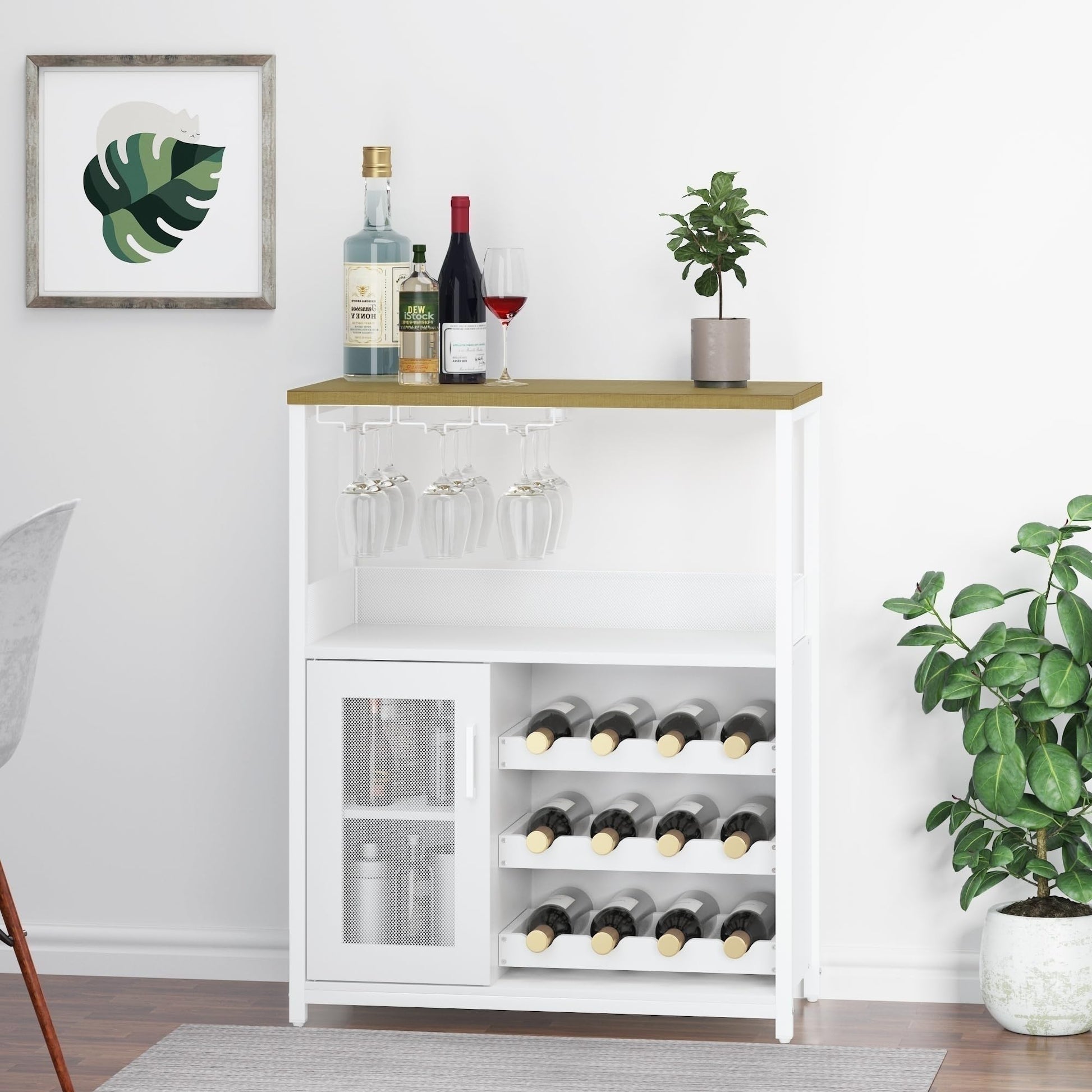 Meuble bar à vin Garvee, 3 niveaux avec casier à vin amovible pour cuisine et bar, 69 cm L x 35 cm P x 92 cm H, blanc, MDF robuste et fer