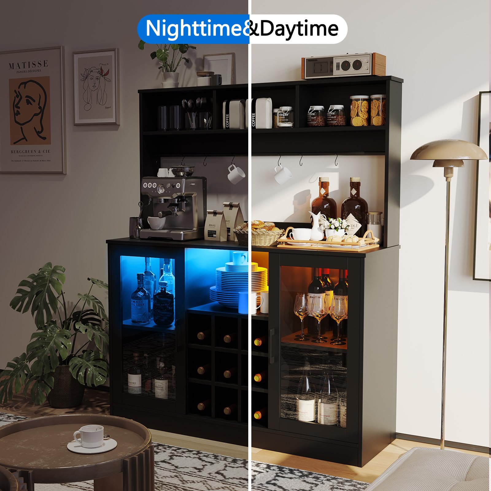 Meuble bar à vin Garvee avec éclairage LED et prise, 9 casiers à bouteilles et 6 crochets, en bois aggloméré, pour cuisine et salon, étagère réglable, design moderne
