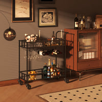 Chariot de bar à vin roulant Garvee à 2 niveaux avec étagères miroir, porte-bouteilles, système de suspension pour verres, structure en métal, roulettes pivotantes à 360°, compact pour le salon et les réceptions, 86 x 38 x 90 cm, couleur métallisée