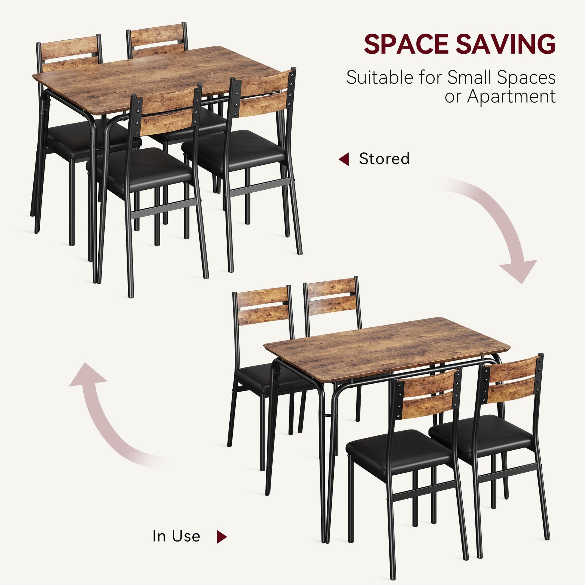 Ensemble table et chaises de salle à manger Garvee pour 4 personnes, carré, avec plateau en MDF, structure métallique robuste, gain de place, pour cuisine et salle à manger