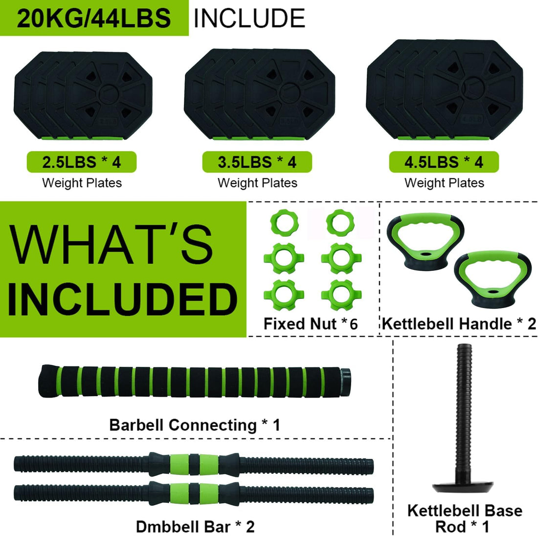 Ensemble d'haltères réglables Garvee 4 en 1 avec kettlebell, barre d'haltères et poignée de pompes, 20-40 kg, ABS et fer, antidérapant pour les entraînements à domicile