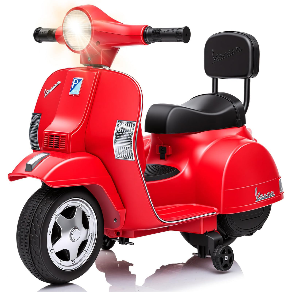 Mini Vespa elettrica GARVEE 6 V rossa: guida semplice con luci, musica e ruote di supporto