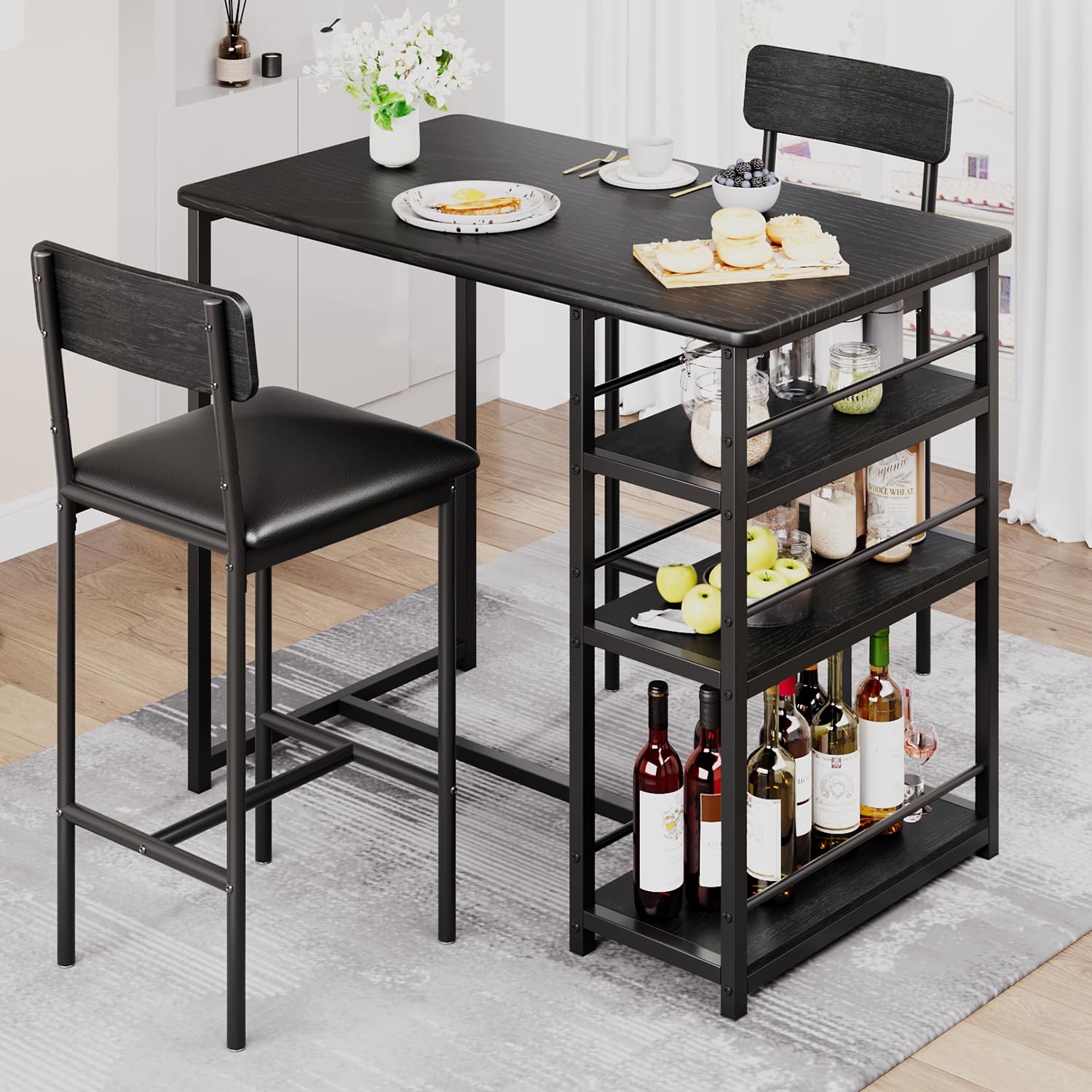 GARVEE Ensemble de bar 3 pièces avec 2 tabourets rembourrés, table de cuisine avec 3 étagères, 91,5 x 50 x 91,5 cm, noir