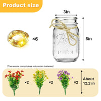 Garvee Ensemble de 6 bocaux Mason décoratifs avec fleurs, lumières LED, verre et ruban de jute pour mariage et fête, 500 ml, transparent