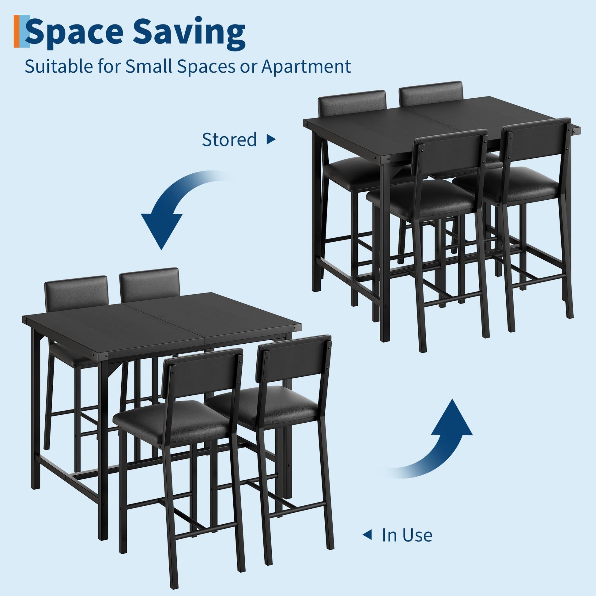 Ensemble table et chaises Garvee pour 4 personnes avec repose-pieds et protections d'angle, hauteur comptoir, tabourets de bar rembourrés, structure en métal, plateau en bois, compact, pour cuisine et appartement, multicolore