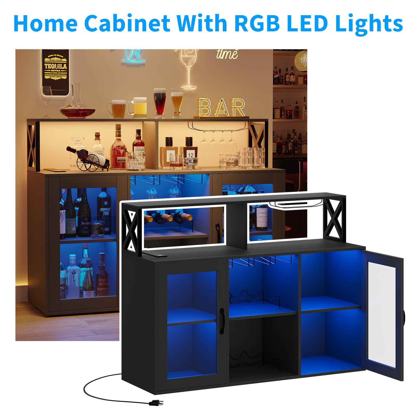 Meuble bar à vin Garvee avec casier à bouteilles, éclairage LED RGB, station de recharge, étagères réglables, bois, sur pied pour cuisine et salon