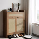 Garvee Meuble à Chaussures Bohème 81 cm en Rotin avec Portes et Tiroir pour Entrée Salon, bois MDF, Poignées Métal Doré, Ajustable, Naturel