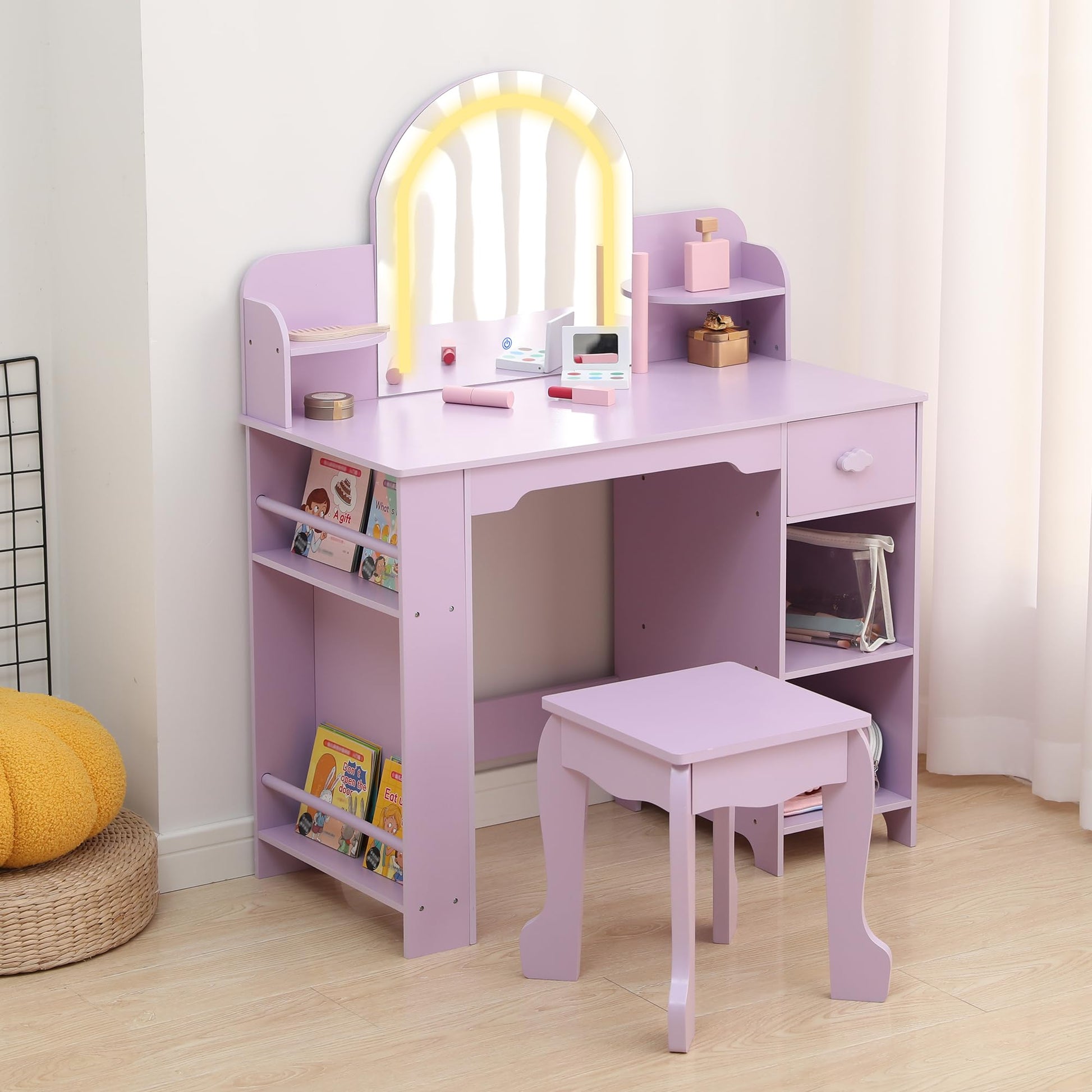 Coiffeuse Garvee pour enfants avec miroir lumineux, meuble-lavabo et tabouret 2 en 1, MDF, éclairage LED, espace de rangement, pour filles de 3 à 9 ans, chambre et salle de jeux