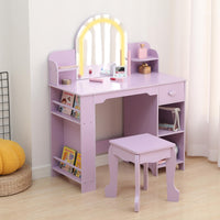 Coiffeuse Garvee pour enfants avec miroir lumineux, meuble-lavabo et tabouret 2 en 1, MDF, éclairage LED, espace de rangement, pour filles de 3 à 9 ans, chambre et salle de jeux