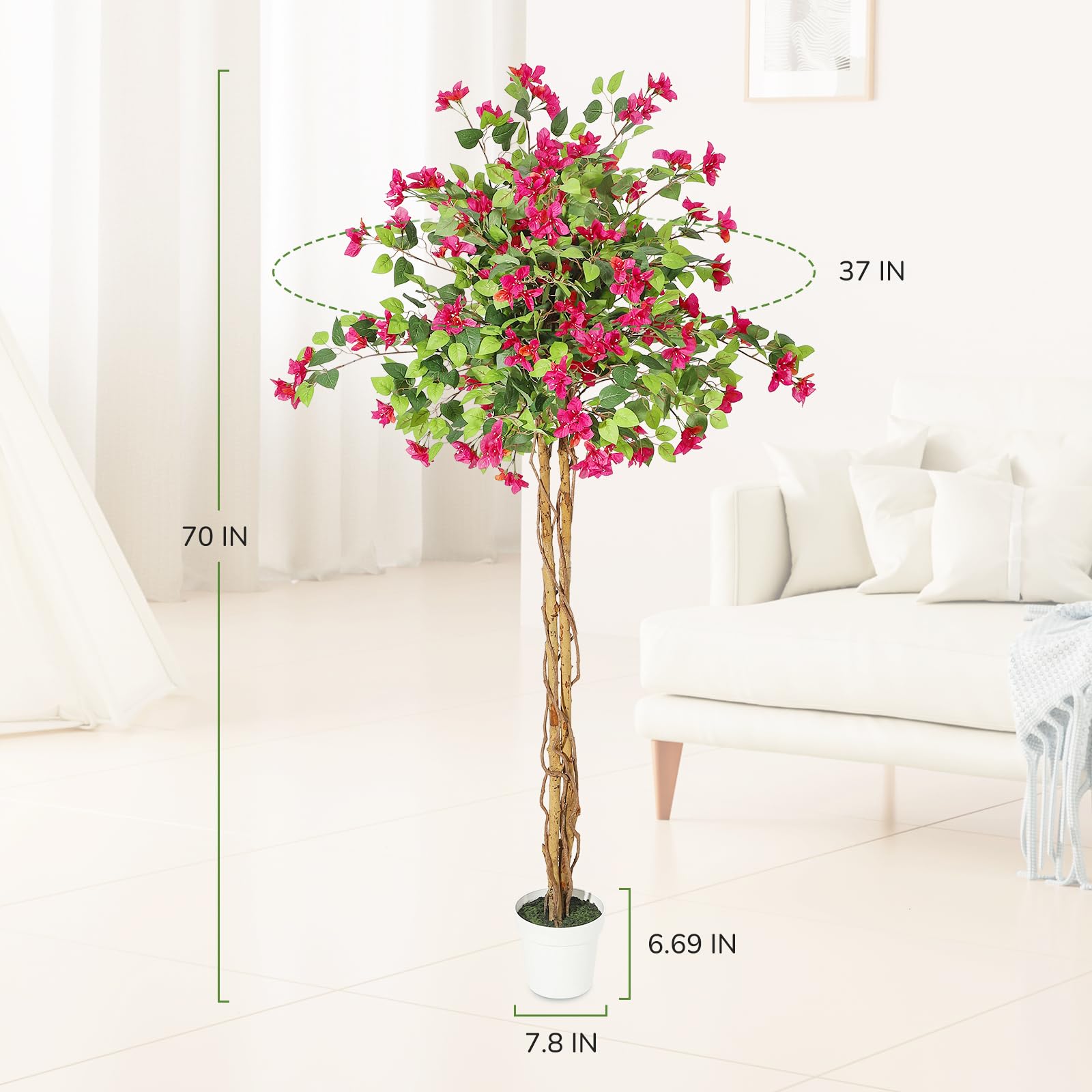 Bougainvillier artificiel Garvee de 1,8 m avec tronc en bois, fleurs roses, résistant aux intempéries pour une utilisation intérieure et extérieure, pot en ciment inclus, facile d'entretien.