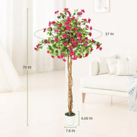Bougainvillier artificiel Garvee de 1,8 m avec tronc en bois, fleurs roses, résistant aux intempéries pour une utilisation intérieure et extérieure, pot en ciment inclus, facile d'entretien.