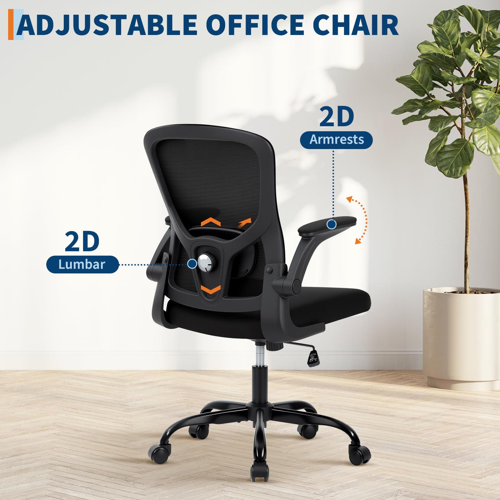 Garvee Chaise de bureau ergonomique en maille avec accoudoirs 2D et soutien lombaire, pivotante à 360°, supporte jusqu'à 159kg, noire
