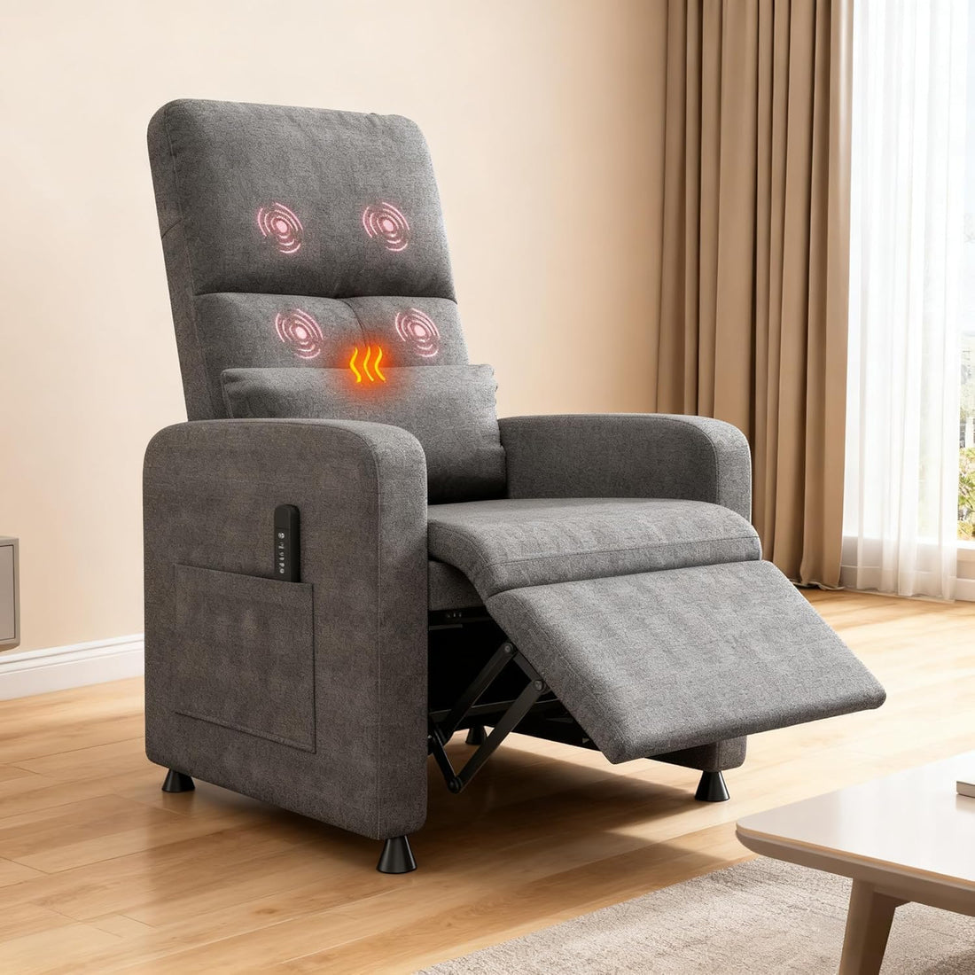 Garvee Fauteuil Inclinable Électrique avec Massage et Chauffage, Repose-pieds, Tissu Épais, pour Salon et Chambre, Inclinaison 105°-165°, Gris