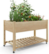 Garvee Carré potager surélevé en bois avec roulettes et étagère, table de culture 122 × 61 x 81 cm pour jardin, balcon et terrasse - Bois naturel
