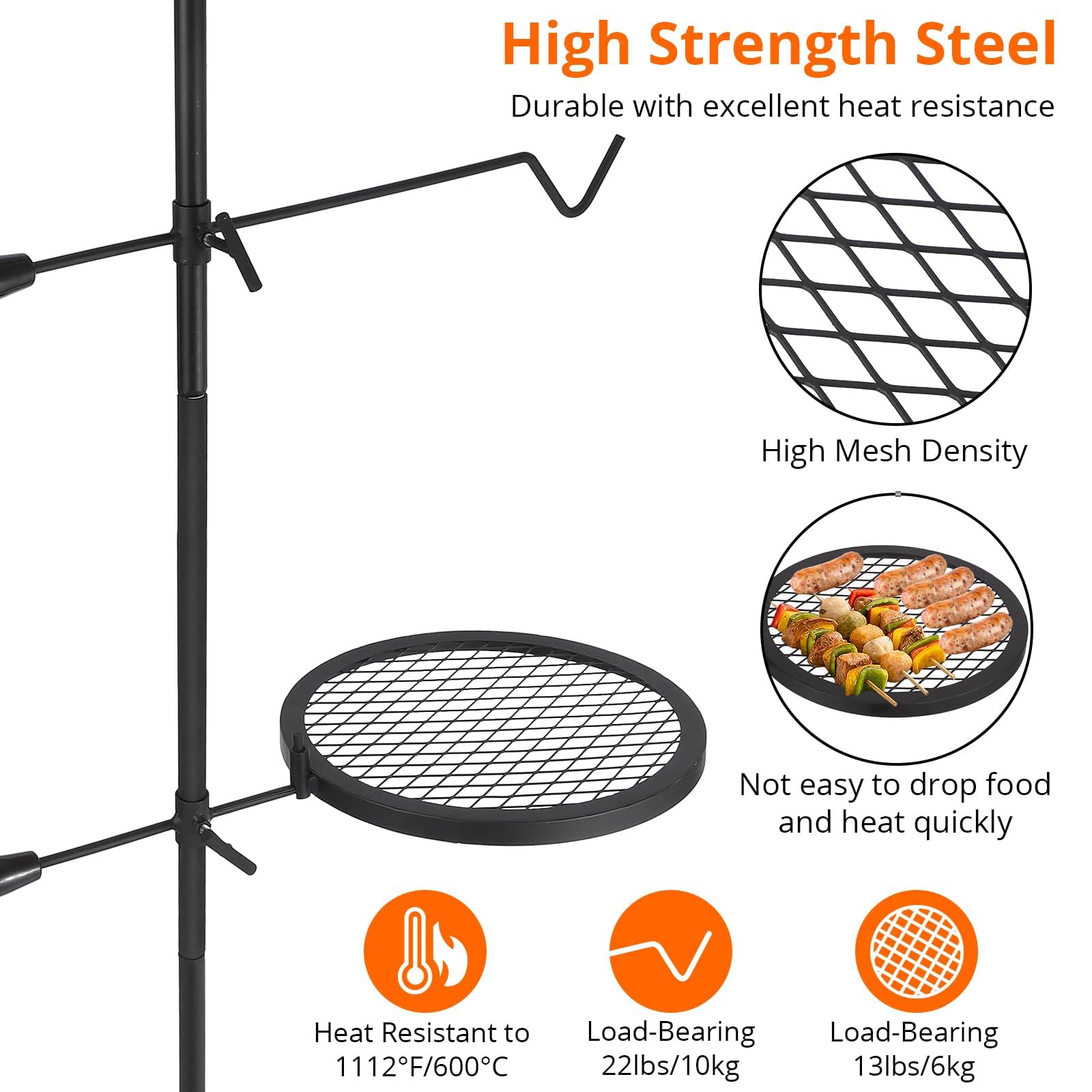 Garvee Gril de camping rotatif 360°, hauteur réglable, pliable, maille en acier robuste, portable avec sac de transport pour camping et barbecue